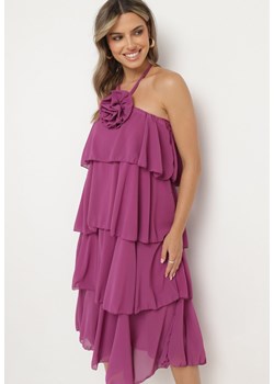 Fioletowa Sukienka z Falbanami Wiązana na Szyi z Broszką Kwiatem Tinallena ze sklepu Born2be Odzież w kategorii Sukienki - zdjęcie 173507144