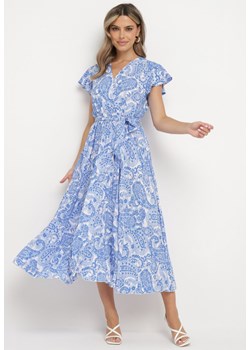 Niebieska Sukienka z Kopertowym Dekoltem z Gumką w Talii i Materiałowym Paskiem Xelovia ze sklepu Born2be Odzież w kategorii Sukienki - zdjęcie 173508412