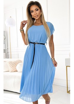Plisowana błękitna sukienka midi z czarnym paskiem 548-2, Kolor błękitny, Rozmiar one size, NUMOCO BASIC ze sklepu Primodo w kategorii Sukienki - zdjęcie 173515250
