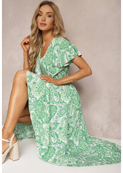 Zielona Rozkloszowana Sukienka z Trójkątnym Dekoltem z Materiałowym Paskiem i Gumką w Talii Carimi ze sklepu Renee odzież w kategorii Sukienki - zdjęcie 173520464