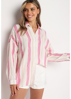 Beżowo-Fuksjowa Bawełniana Koszula w Paski o Luźnym Kroju Lievan ze sklepu Born2be Odzież w kategorii Koszule damskie - zdjęcie 173522910