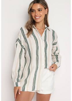 Beżowo-Zielona Bawełniana Koszula w Paski o Luźnym Kroju Lievan ze sklepu Born2be Odzież w kategorii Koszule damskie - zdjęcie 173522913