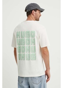 HUGO t-shirt bawełniany męski kolor beżowy z nadrukiem 50519714 ze sklepu ANSWEAR.com w kategorii T-shirty męskie - zdjęcie 173524013