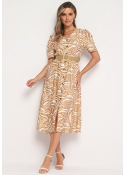 Beżowa Sukienka o Koszulowym Kroju z Plecionym Paskiem w Talii Zaratia ze sklepu Born2be Odzież w kategorii Sukienki - zdjęcie 173527001