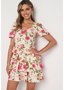 Różowa Sukienka z Bufiastymi Rękawami i Falbanami Ceragia ze sklepu Born2be Odzież w kategorii Sukienki - zdjęcie 173527050