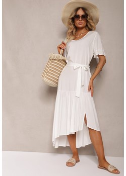 Biała Pudełkowa Sukienka z Falbankami i Materiałowym Paskiem w Talii Dimrias ze sklepu Renee odzież w kategorii Sukienki - zdjęcie 173527370