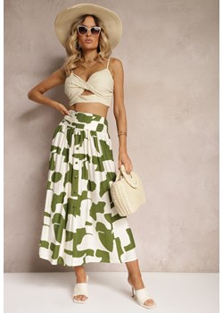 Zielona Rozkloszowana Spódnica High Waist z Gumką w Talii i Guzikami Tinasshi ze sklepu Renee odzież w kategorii Spódnice - zdjęcie 173528561