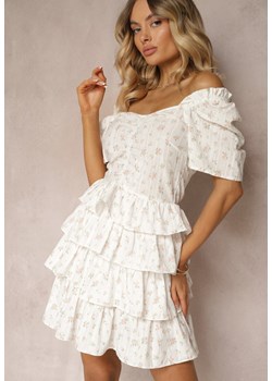 Biała Rozkloszowana Sukienka z Bawełny z Gumką w Talii w Drobne Kwiaty Timariah ze sklepu Renee odzież w kategorii Sukienki - zdjęcie 173528601