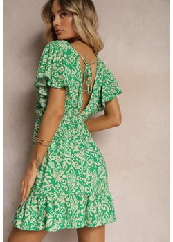 Zielona Sukienka z Bawełny o Rozkloszowanym Kroju Ozdobiona Falbanami i Gumką w Talii Neliaura ze sklepu Renee odzież w kategorii Sukienki - zdjęcie 173528681
