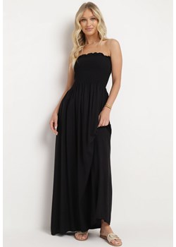 Czarna Wiskozowa Sukienka z Marszczonym Dekoltem Bandeau Vikiraias ze sklepu Born2be Odzież w kategorii Sukienki - zdjęcie 173528800