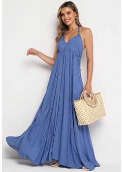 Niebieska Rozkloszowana Sukienka Maxi z Wiązaniem na Szyi Cathenia ze sklepu Born2be Odzież w kategorii Sukienki - zdjęcie 173528933