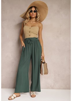 Miętowe Spodnie z Bawełny High Waist z Szerokimi Nogawkami i Gumką w Pasie Clisea ze sklepu Renee odzież w kategorii Spodnie damskie - zdjęcie 173543352