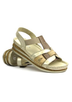 Skórzane sandały damskie na platformie - HELIOS Komfort 129, złote ze sklepu ulubioneobuwie w kategorii Sandały damskie - zdjęcie 173543773