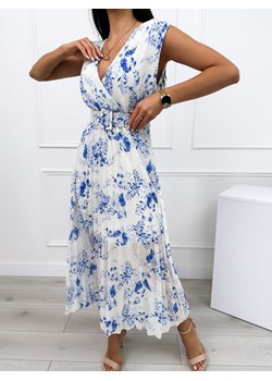Kremowa Plisowana Sukienka w Niebieski Wzór ze sklepu ModnaKiecka.pl w kategorii Sukienki - zdjęcie 173548421