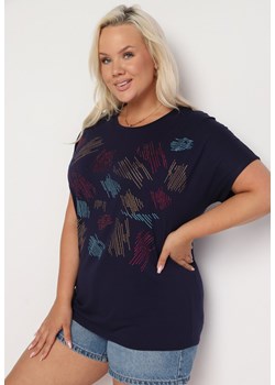 Granatowy Klasyczny Bawełniany T-shirt Ozdobiony Cyrkoniami Christara ze sklepu Born2be Odzież w kategorii Bluzki damskie - zdjęcie 173586133