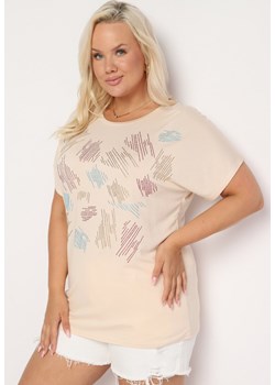 Beżowy Klasyczny Bawełniany T-shirt Ozdobiony Cyrkoniami Christara ze sklepu Born2be Odzież w kategorii Bluzki damskie - zdjęcie 173586140