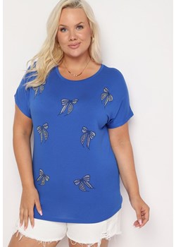 Niebieski T-shirt z Bawełny z Kokardkami Ozdobionymi Cyrkoniami Rissamore ze sklepu Born2be Odzież w kategorii Bluzki damskie - zdjęcie 173586161
