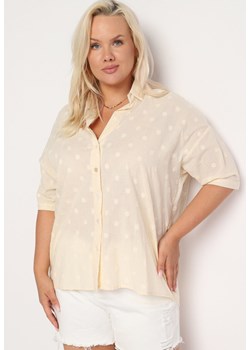 Beżowa Bawełniana Koszula z Krótkim Rękawem w Ozdobne Kropki Tinasenna ze sklepu Born2be Odzież w kategorii Koszule damskie - zdjęcie 173598622
