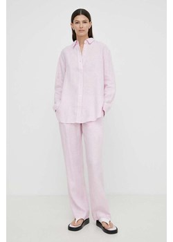 Samsoe Samsoe spodnie lniane HOYS kolor różowy proste medium waist F23900002 ze sklepu PRM w kategorii Spodnie damskie - zdjęcie 173605341