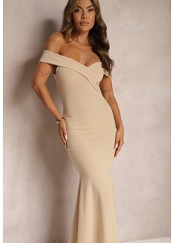 Jasnobeżowa Taliowana Sukienka Maxi z Rozcięciem Perlina ze sklepu Renee odzież w kategorii Sukienki - zdjęcie 173606921