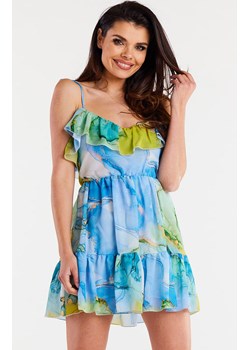 Krótka sukienka z szyfonu niebieska A503, Kolor niebieski-wzór, Rozmiar L, Awama ze sklepu Primodo w kategorii Sukienki - zdjęcie 173613754