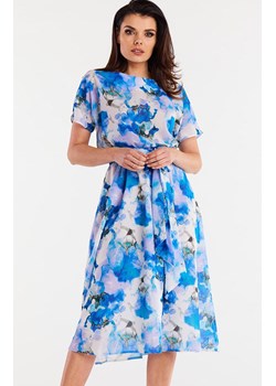 Sukienka midi z szyfonu niebiesko-biała A510, Kolor niebiesko-biały, Rozmiar L, Awama ze sklepu Primodo w kategorii Sukienki - zdjęcie 173613783