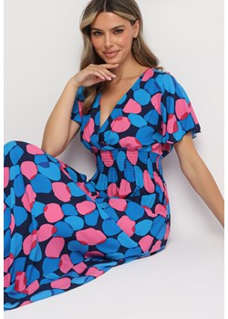 Granatowo-Różowa Kopertowa Taliowana Sukienka z Bawełny w Geometryczny Wzór z Gumką w Pasie Enelsea ze sklepu Born2be Odzież w kategorii Sukienki - zdjęcie 173615873