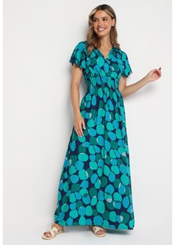 Zielono-Niebieska Kopertowa Taliowana Sukienka z Bawełny w Geometryczny Wzór z Gumką w Pasie Enelsea ze sklepu Born2be Odzież w kategorii Sukienki - zdjęcie 173615880