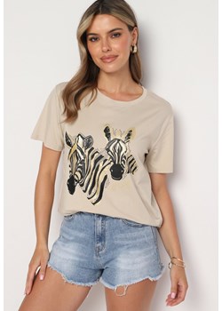 Beżowy Bawełniany T-shirt z Nadrukiem Zwierzęcym Kaslla ze sklepu Born2be Odzież w kategorii Bluzki damskie - zdjęcie 173616013