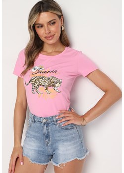 Różowy T-shirt z Bawełny z Nadrukiem Pantery Yelfea ze sklepu Born2be Odzież w kategorii Bluzki damskie - zdjęcie 173620023