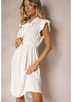 Biała Sukienka Rozkloszowana z Gumką w Talii i Wiązaniem przy Dekolcie Naque ze sklepu Renee odzież w kategorii Sukienki - zdjęcie 173620040
