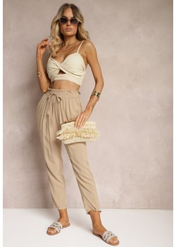 Beżowe Spodnie z Bawełny Typu Paper Bag High Waist z Gumką w Talii Kitanea ze sklepu Renee odzież w kategorii Spodnie damskie - zdjęcie 173620080