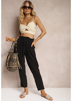 Czarne Spodnie z Bawełny Typu Paper Bag High Waist z Gumką w Talii Kitanea ze sklepu Renee odzież w kategorii Spodnie damskie - zdjęcie 173620090