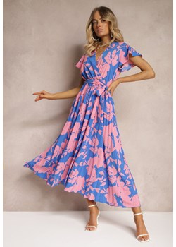 Niebiesko-Różowa Kopertowa Plisowana Sukienka Koktajlowa z Gumką i Paskiem w Talii Benelsea ze sklepu Renee odzież w kategorii Sukienki - zdjęcie 173620140
