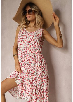Biało-Różowa Sukienka z Bawełny na Ramiączkach o Rozkloszowanym Kroju w Kwiatowy Wzór Ernatia ze sklepu Renee odzież w kategorii Sukienki - zdjęcie 173620150