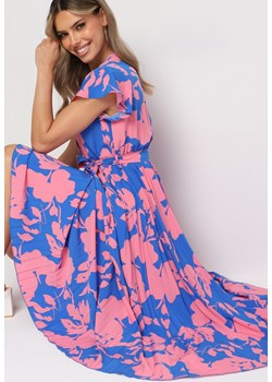 Niebiesko-Różowa Plisowana Koktajlowa Sukienka z Kopertowym Dekoltem Paskiem i Gumką w Talii Anelsea ze sklepu Born2be Odzież w kategorii Sukienki - zdjęcie 173624310
