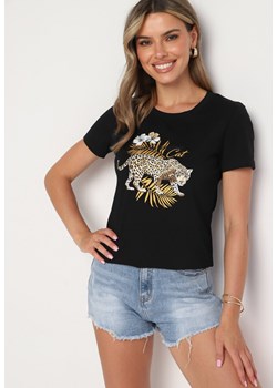 Czarny T-shirt z Bawełny z Nadrukiem Pantery Yelfea ze sklepu Born2be Odzież w kategorii Bluzki damskie - zdjęcie 173624471