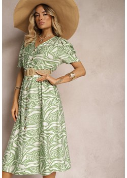 Zielona Koszulowa Sukienka z Bufiastymi Rękawami i Plecionym Paskiem w Talii Aslatia ze sklepu Renee odzież w kategorii Sukienki - zdjęcie 173624572
