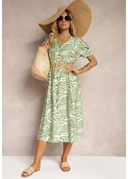 Zielona Koszulowa Sukienka z Bufiastymi Rękawami i Plecionym Paskiem w Talii Aslatia ze sklepu Renee odzież w kategorii Sukienki - zdjęcie 173624573