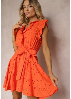 Pomarańczowa Bawełniana Sukienka o Rozkloszowanym Kroju z Ażurowym Wzorem Dadea ze sklepu Renee odzież w kategorii Sukienki - zdjęcie 173624602