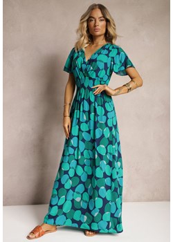 Ciemnozielona Bawełniana Sukienka w Geometryczny Wzór z Kopertowym Dekoltem z Gumką w Pasie Fanelsea ze sklepu Renee odzież w kategorii Sukienki - zdjęcie 173624622