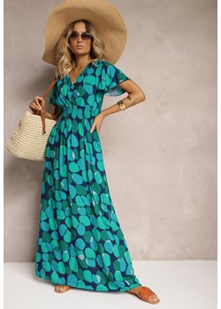 Zielono-Niebieska Bawełniana Sukienka w Geometryczny Wzór z Kopertowym Dekoltem z Gumką w Pasie Fanelsea ze sklepu Renee odzież w kategorii Sukienki - zdjęcie 173624623