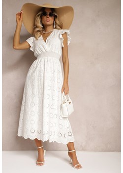 Biała Rozkloszowana Sukienka z Bawełny Ozdobiona Ażurowym Wzorem i Gumką w Talii Elafrea ze sklepu Renee odzież w kategorii Sukienki - zdjęcie 173624632
