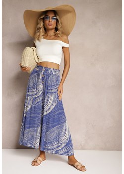 Niebieskie Szerokie Spodnie 7/8 High Waist z Wiskozy Wykończone Gumką w Pasie Risallni ze sklepu Renee odzież w kategorii Spodnie damskie - zdjęcie 173625791