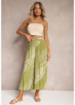 Zielone Szerokie Spodnie 7/8 High Waist z Wiskozy Wykończone Gumką w Pasie Risallni ze sklepu Renee odzież w kategorii Spodnie damskie - zdjęcie 173625801
