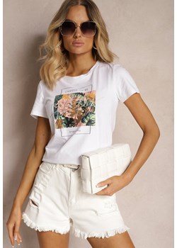 Biały T-shirt z Bawełny Wykończony Nadrukiem Nellindrae ze sklepu Renee odzież w kategorii Bluzki damskie - zdjęcie 173625921