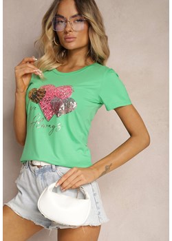 Zielony T-shirt z Bawełny Ozdobiony Nadrukiem w Kształcie Serc Hennea ze sklepu Renee odzież w kategorii Bluzki damskie - zdjęcie 173625931