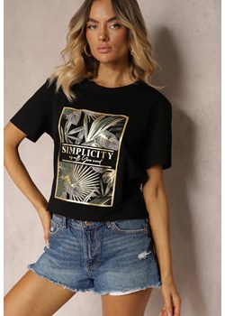 Czarny T-shirt z Bawełny z Krótkim Rękawem i Nadrukiem Silifea ze sklepu Renee odzież w kategorii Bluzki damskie - zdjęcie 173625961