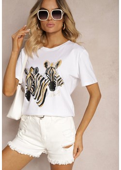 Biały T-shirt z Bawełny z Nadrukiem o Motywie Zwierzęcym Risabell ze sklepu Renee odzież w kategorii Bluzki damskie - zdjęcie 173625971