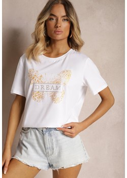 Biały Casualowy T-shirt z Bawełny z Motywem Motyla z Cyrkoniami Jalflea ze sklepu Renee odzież w kategorii Bluzki damskie - zdjęcie 173626021